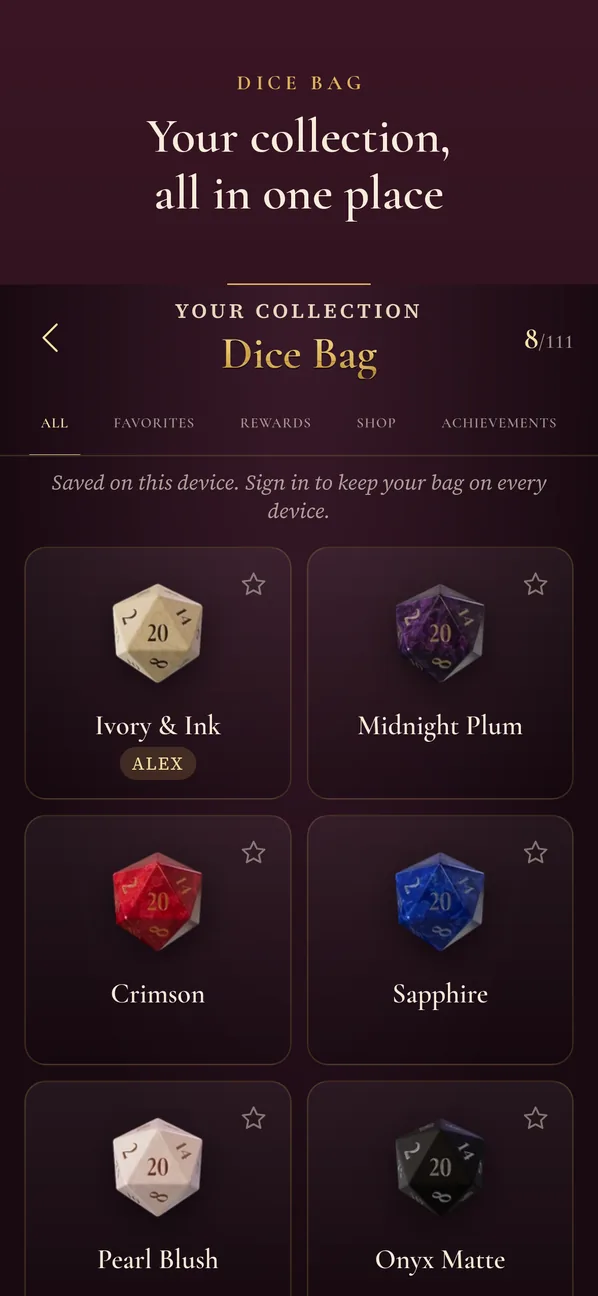 The Dice Bag grid of collectible dice