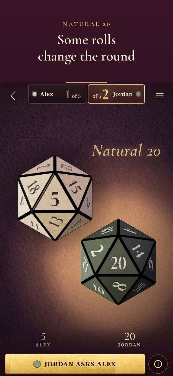 A natural 20 glowing on the table