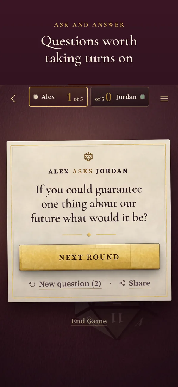 A question card after winning a round