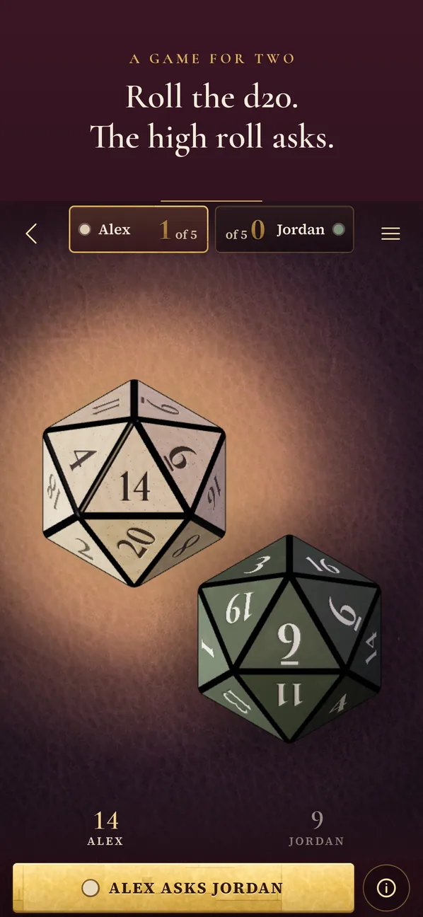 Two d20 dice on the leather table with the scoreboard above