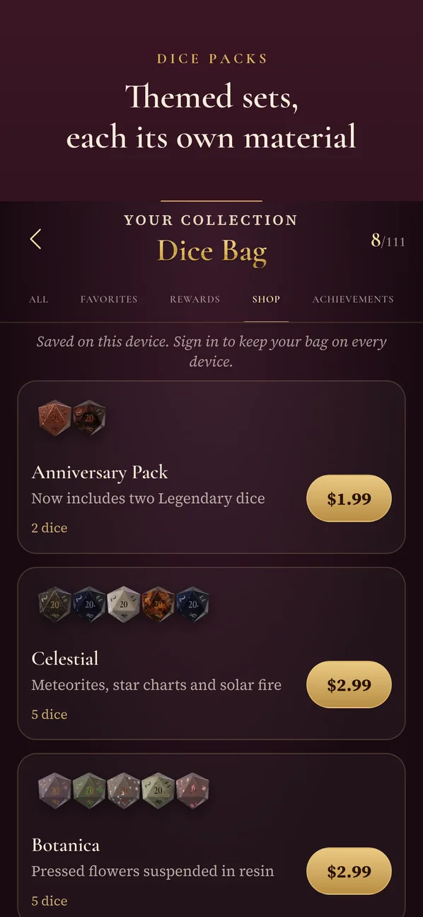 Themed dice packs in the shop