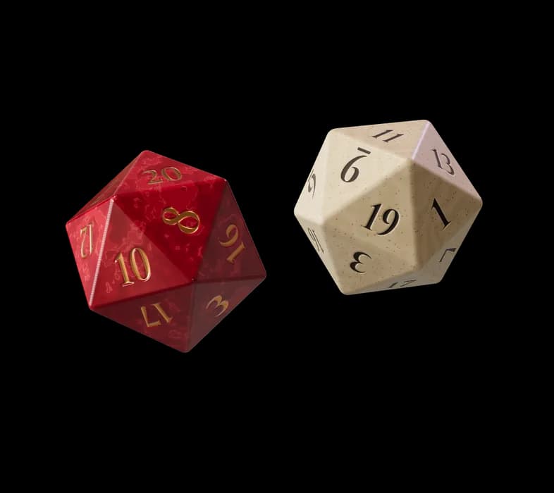 Two rendered d20 dice, crimson and ivory, resting on leather